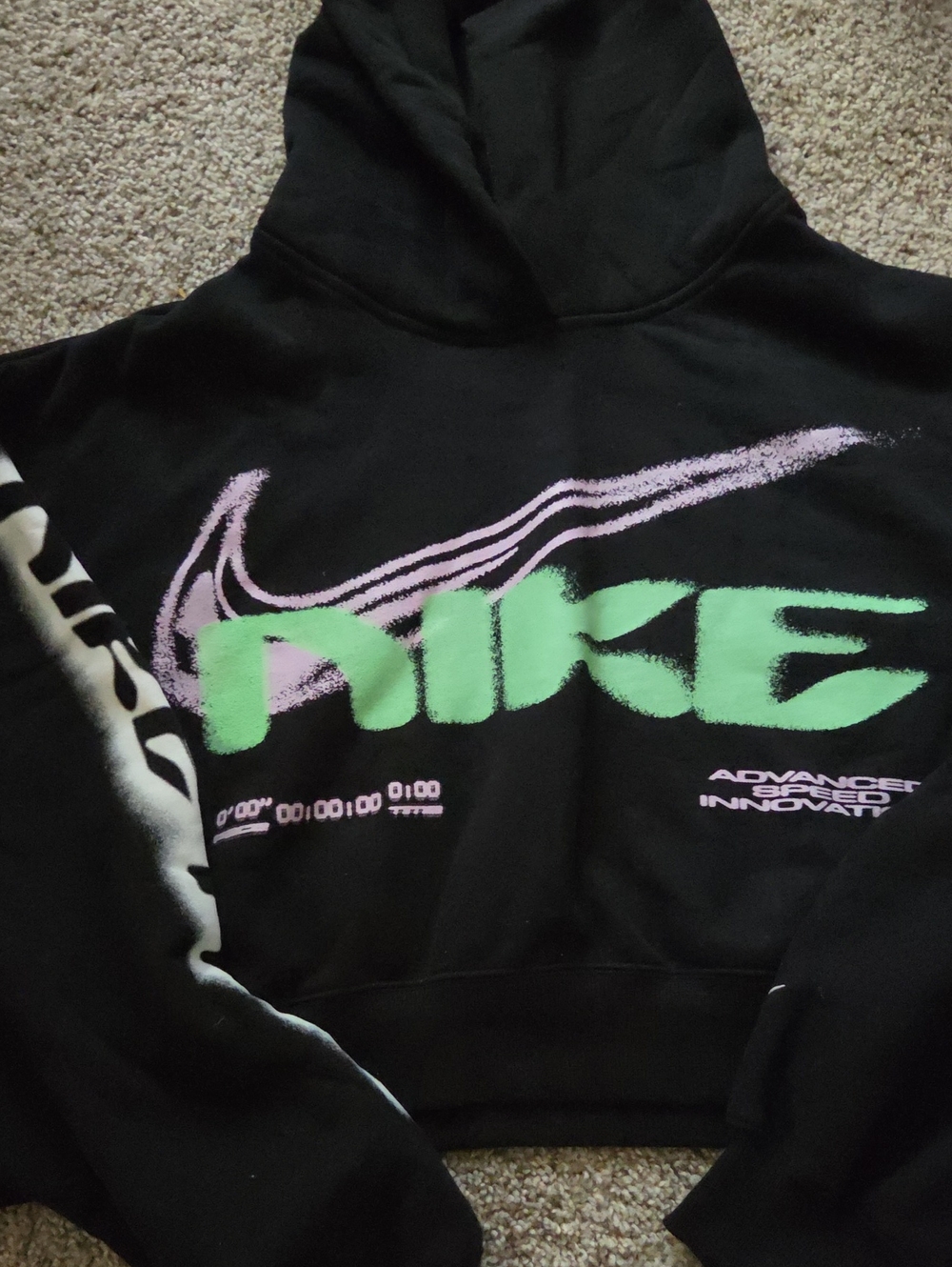 Nike Black Crewneck Hoodie with Neon Green & Lavender Logo